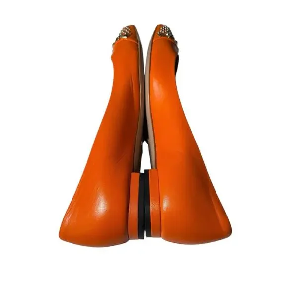 Gucci Pointed Toe Orange Leather Flats Silver Stud Toe Cap Slip On EU 37 US 7 - Picture 11 of 14